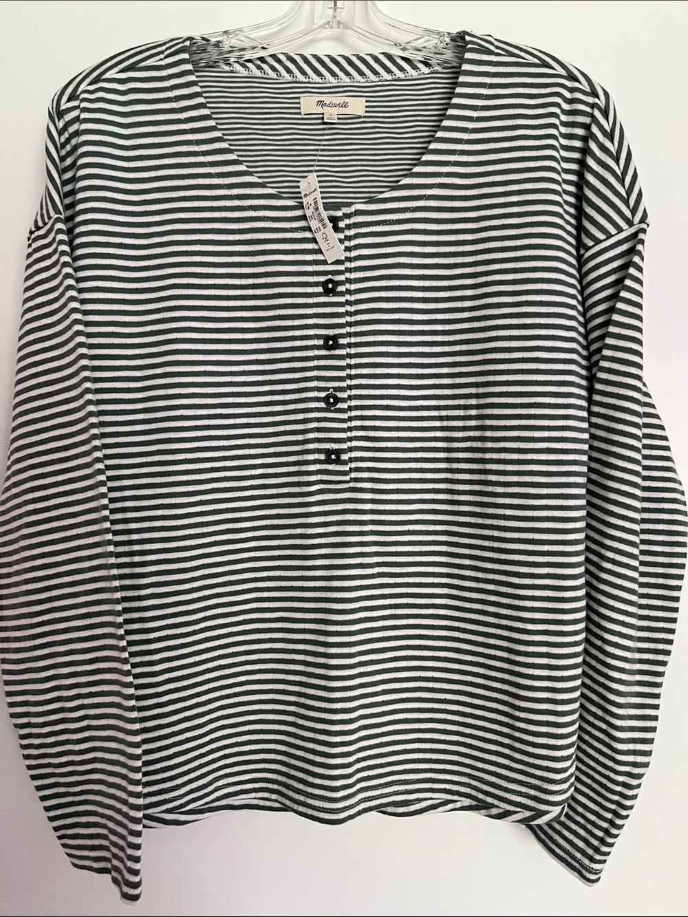 NWT Madewell Green and White Striped Long-Sleeve Henley M